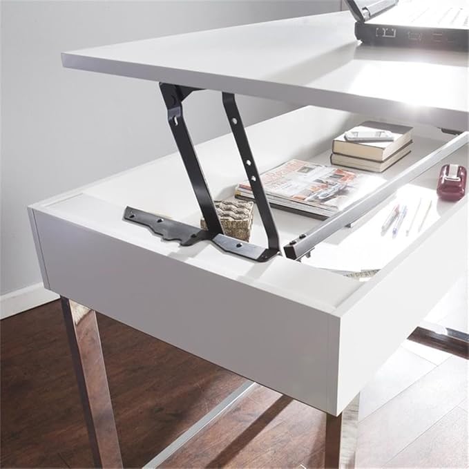 BOWERY HILL Modern Adjustable Height Wood &amp Metal Sit-Stand Desk 47.75 W x 23.75 D x 32 H High Gloss White Finish Ergonomic Lift-Top with Hidden Storage Contemporary Style Home Office Desk