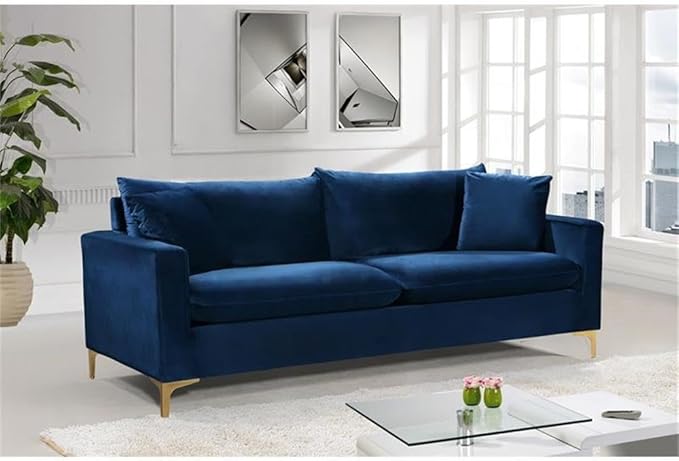 Meridian Furniture Naomi Collection Modern | Contemporary Navy Velvet Upholstered Sofa with Stainless Steel Base in a Rich Gold or Chrome Finish