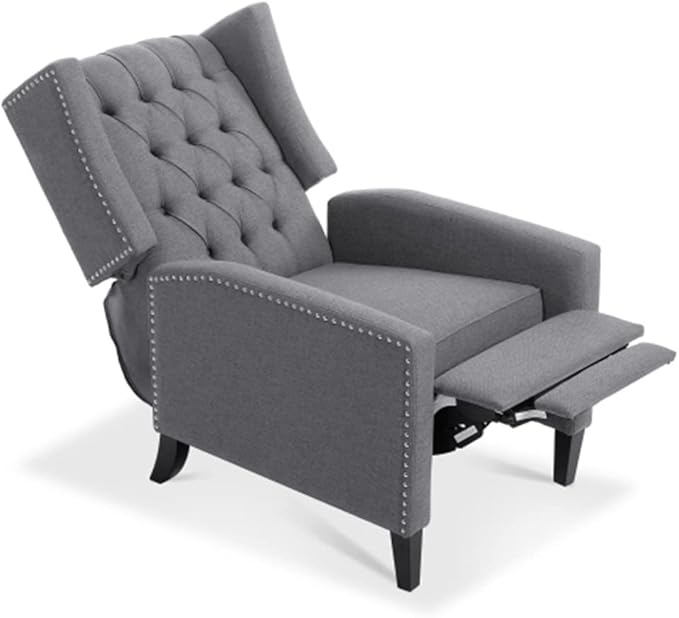 Arm Pushing Recliner Chair Modern Button Tufted Wingback Manual Push Back Recliner Chair with Nailhead Trim &amp Wood Legs Upholstered Living Room Chair Single Reclining Sofa Home Theater Seating