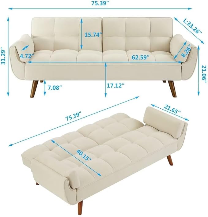 Convertible Sofa Bed Folding Loveseat Couch Modern Futon Recliner Sleeper with Adjustable Backrest Beige