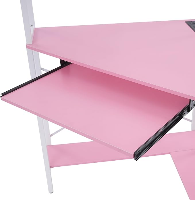 Corner DeskComputer Desk with Keyboard Tray with Power OutletsGaming Desk with LED LightTriangle Corner Desk Workstation with Bookshelves for Home Office Bedroom (Pink)