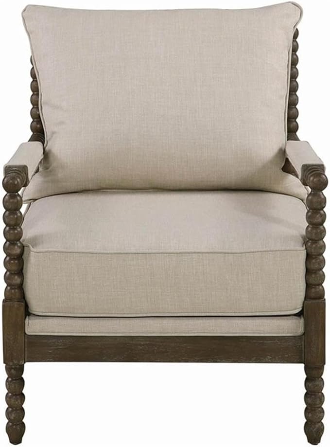 BOWERY HILL Modern Accent Chair Beige Fabric Upholstery Dark Walnut Wood Finish Cushion Back 38 H x 29.5 W x 34 D Casual Style Solid Pattern Living Room Seating