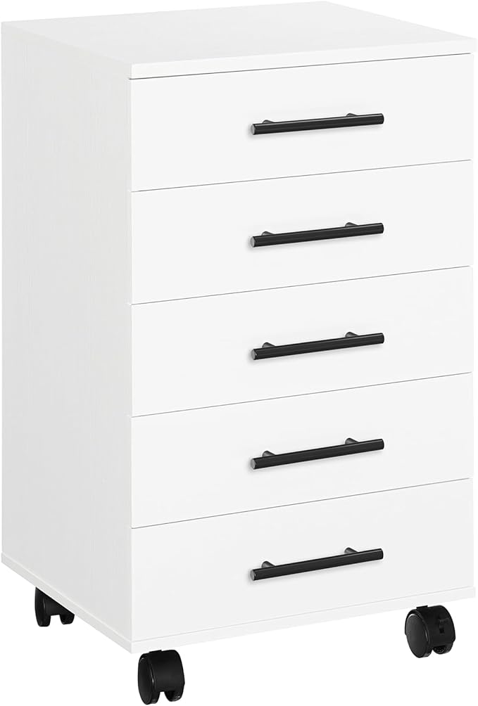 HOOBRO 5-Drawer File Cabinet Office Filing Cabinet with Drawers Wooden Mobile Storage Cabinet with Wheels for Makeup Home Office Easy Assembly White WT05WJ01G1