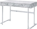 Acme Tigress Faux Marble Top Writing Desk with 2 Drawers in White and Chrome