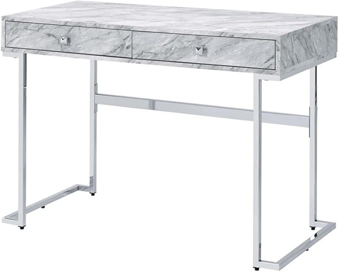 Acme Tigress Faux Marble Top Writing Desk with 2 Drawers in White and Chrome