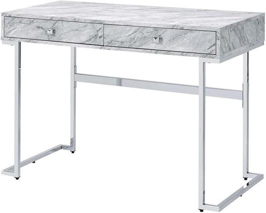 Acme Tigress Faux Marble Top Writing Desk with 2 Drawers in White and Chrome