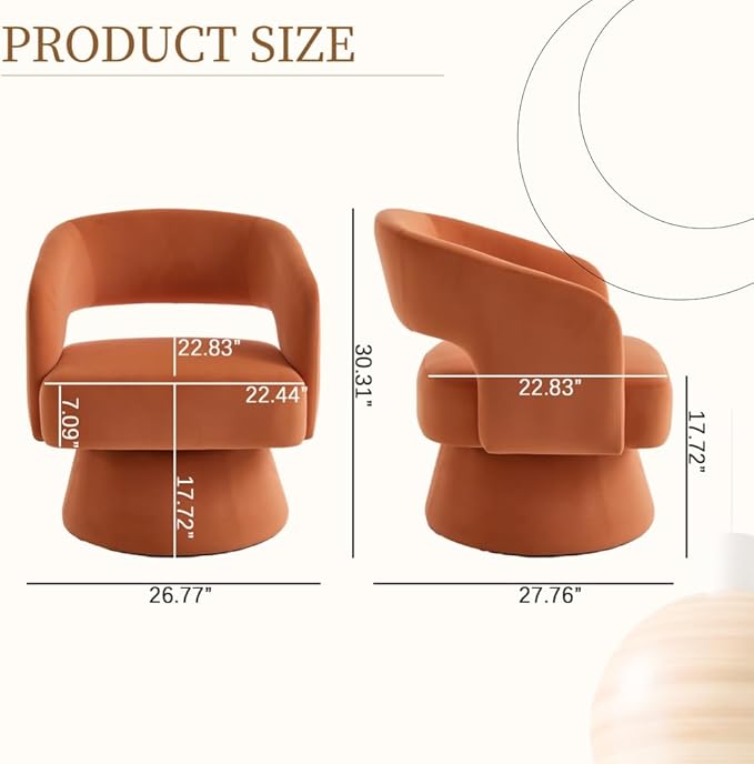 Swivel Barrel Chair Velvet Accent Armchair 360 Degree Swivel Club Chair for Living Room Bedroom Reception Room (Orange + Foam + Steel + Velvet + Foam)