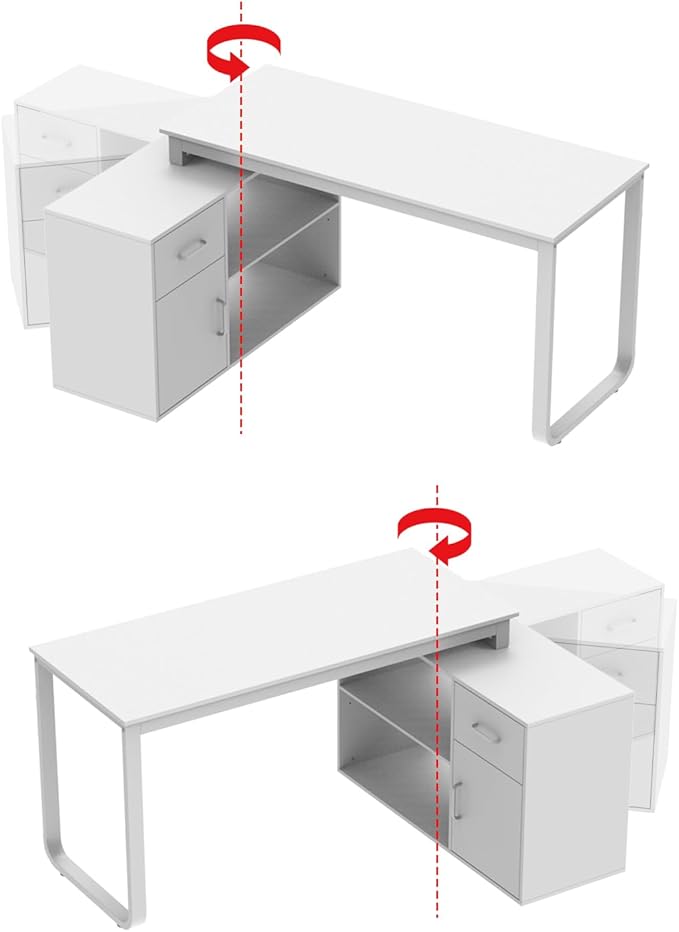 Hitow Reversible Office Desk with Storage Cabinet Executive Computer Desk Writing Table Rotatable to 96.4 Wide or as L Shape Desk Metal Legs Corner Workstation for Home Office White