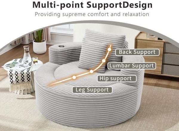 55 Oversized Round Boneless Couch Sofa Velvet Memory Foam Cloud Couches Lounge Chair Comfy Fluffy Single Sofa with 3 Pillows for Living Room Bedroom No Assembly Required (Grey.)