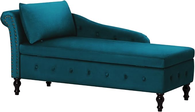 Upholstered Chaise Lounge with Left Armrest &amp Lumbar PillowButton Tufted Lounge Sofa with StorageLounge Chair IndoorModern Velvet Lounge Chair for Bedroom Living Room and OfficeTeal