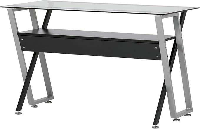 Calico Designs Colorado Glass Desk – 47 Modern Writing Desk with Tempered Glass Top Steel Frame &amp Storage Shelf – Home Office Computer or Study Table Black/Silver