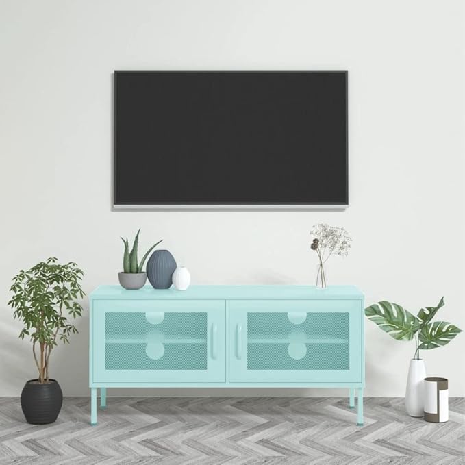 vidaXL Industrial Steel TV Stand/Cabinet in Mint Green - Durable Practical Design 41.3x13.8x19.7 inches Mesh Doors Internal Shelf Cable Management System Height Adjustable