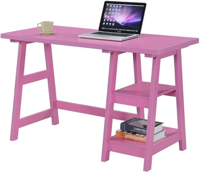 Farmhouse Style Rising Desk Home Office | 2 Open Side Shelves for Extra Storage Wide Top SurfaceLaddered Legs Reversible | Student Laptop Accessories Solid Wood Manufactured | Light Pink Color