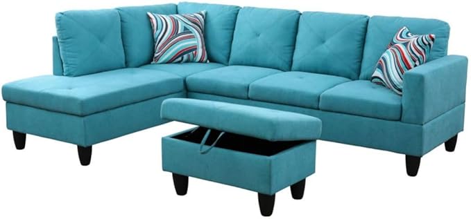 Light Blue L-Shaped 3-Piece Linen Sofa with Storage Ottoman Set Sectional Couch Sofa Set for Living Room Office Small Space