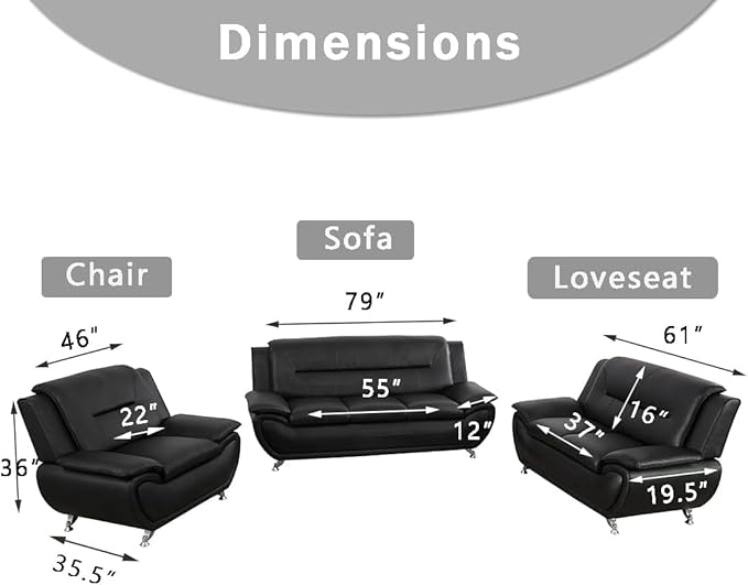 Living Room Sofa Sets Living Room Furniture Sets Black Leather Sofa Couch and 2 Chairs for Apartment Minimalist Style Material Easy Assembly