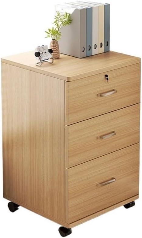 File Cabinets Wooden Thickened Under-Desk Filing Cabinet Movable Office Simple Lockable Storage Bedroom Bedside File Storage Cabinets(Natural)