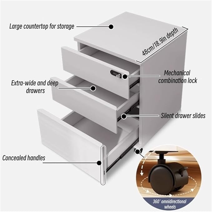 Mobile File Cabinet with Wheels 3-Tier Locking Cabinet with Drawers Vertical Under Desk Cabinet Multifunctional Storage Cabinet for Home and Office(White)