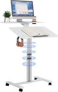 Pneumatic Standing Desk with Wheels - Adjustable Height 28 - 46 &amp 0-90° Tilt 31.5 x 17.7 Skin-Feel Desktop Rolling Computer Desk for Home Office Hospital School (White)