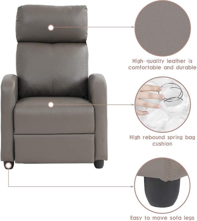 Recliner Chair for Living Room Reading Chair Recliner Sofa Winback Chair Single Sofa Home Theater Seating Modern Reclining Chair Easy Lounge with PU Leather Padded Seat Backrest