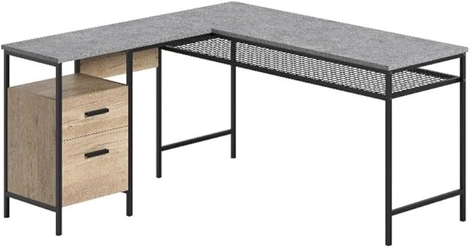 Pemberly Row L-Shaped Engineered Wood and Metal Desk Prime Oak Finish 55.91 in x 57.64 in x 30.59 in Storage Drawers Open Shelves Wire Mesh Shelf Home Office Computer Desk