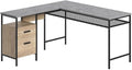 Pemberly Row L-Shaped Engineered Wood and Metal Desk Prime Oak Finish 55.91 in x 57.64 in x 30.59 in Storage Drawers Open Shelves Wire Mesh Shelf Home Office Computer Desk