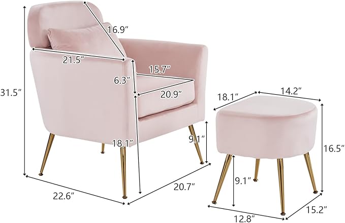 Accent Chair with Ottoman Velvet Wingback Chair with Lumbar Pillow and Footstool Upholstered Single Sofa Chair with Golden Metal Legs Leisure Armchair for Living Room Bedroom Office Pink