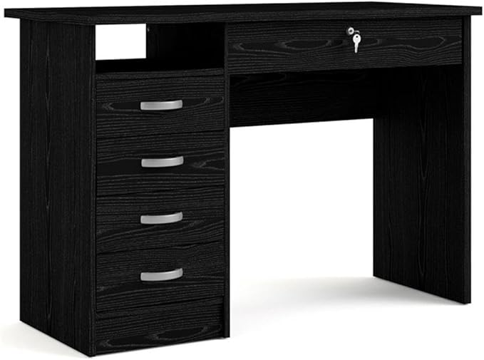 Pemberly Row Contemporary Desk with 5 Drawers Black Woodgrain Foil Finish 43 in x 19 in x 30 in Lockable Large Drawer Metal Glides Engineered Wood Home Office or Living Room Minimalist