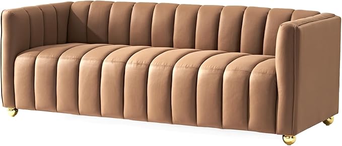 Direct Glam Fabric Upholstered Solid Wood Frame 82.7 Art Deco Sofa for Living Room Office Sophisticated 3 Seater Couch Brown