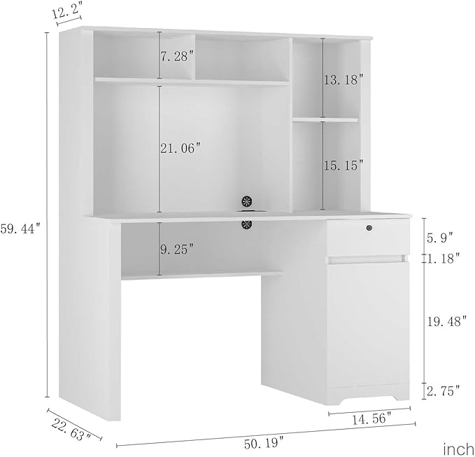 VERYKE Home Office DeskComputer Desk with Hutch and DrawerWriting Desk with 3 AC OutletModern Office Desk with 2 USB Charging Ports for Study RoomLiving Room (White)