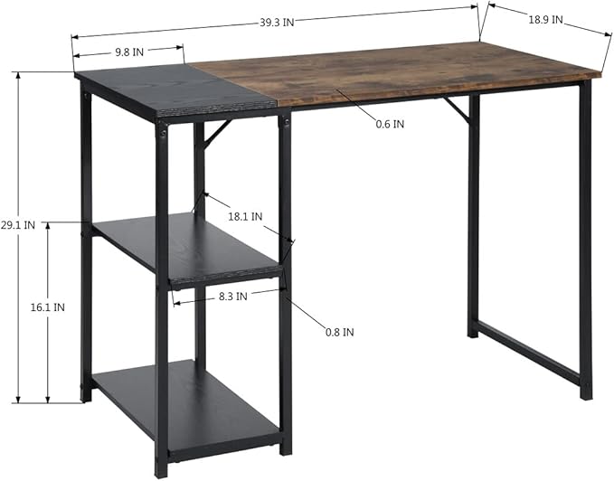 Black Brown Wood Top Contemporary Writing Table with 2 Storage Shelves for Home Office Study Computer Desk L39.3 x W18.9 x H29.1
