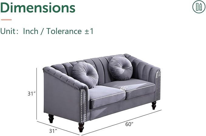 Chesterfield Loveseat Couch 60 Inch Luxurious Velvet Modern Love Seat Chesterfield Settee Sofa Upholstered Rolled Arm with Rivets/2 Button Tufted Pillow 2 Seater Sofa for Living RoomGray