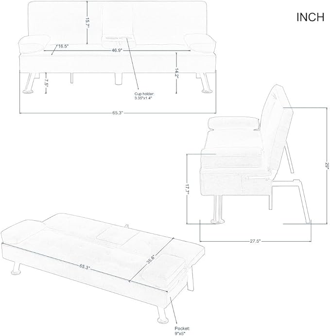 Sofa Bed Adjustment Sofa Double-Sided Double Sofa Folding Sofa Bed GuestbedcupholderBed Modern PU and Polyester Lounge Chair (White)
