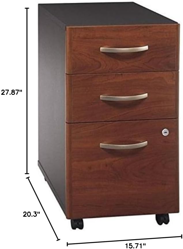 BOWERY HILL 3 Drawer Mobile Pedestal Filing Cabinet Hansen Cherry Finish Locking Bottom Drawers with Ball-Bearing Slides Rolling Design for Office Supplies and Legal File Storage