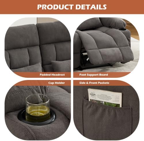 Recliner Loveseat Sofa with Cup Holders 2-Seater Fabric Reclining Couch Manual Recliner Chairs Wall Hugger for Living Room Small Spaces Home Theater RV Love Seats (Gray -2 Seats)