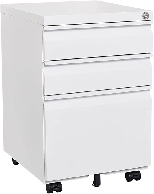 Rolling File Cabinet - 3-Drawer Under Desk Storage with Lock Removable Hanging Rods Pencil Tray - Fully Assembled Except Casters for Home Office