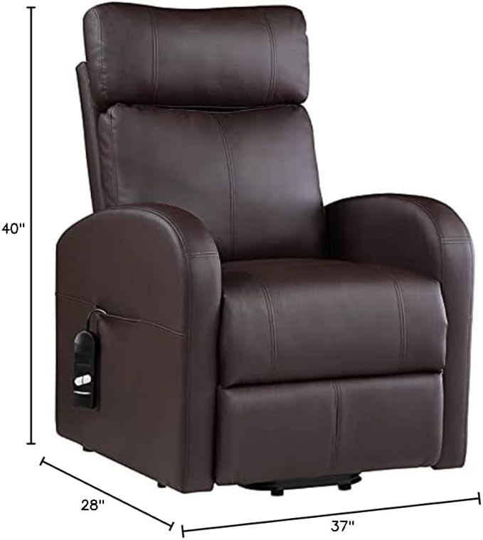 BOWERY HILL Power Lift Recliner 28 W x 37 D x 40 H Brown PU Upholstery Horizontal Tufted Back Contrast Stitching Wired Controller Metal Lift Base Contemporary Style Living Room Chair