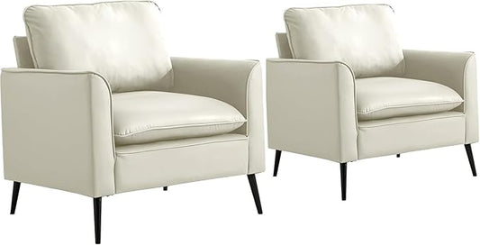 YITAI Modern Accent Living Room ChairsFaux Leather Oversized Single Sofa Chair with Metal Legs Mid Century Comfy Armchair for Bedroom/Office Reading/Lounge/Office/Reception2PCCream