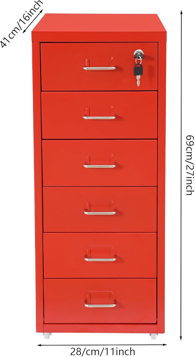 6-Drawer Vertical File Cabinet with Lock Metal Filing Cabinet Mobile Rolling Storage for Legal/Letter/A4 Files Cold-Rolled Steel Construction 17.64-22.05 lbs/Drawer (Red)