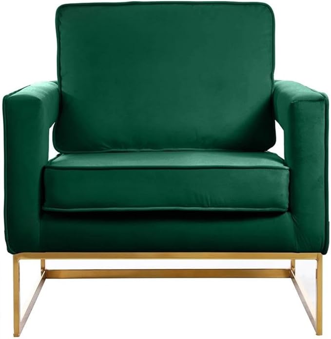 Pemberly Row Modern Accent Chair Green Velvet Upholstery Gold Iron Base 33 W x 29 D x 35 H Solid Wood Frame Padded High-Density Foam Cushion Stylish Living Room or Bedroom Seating