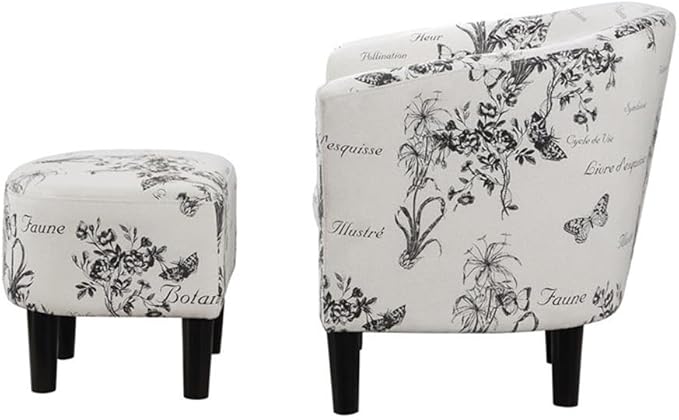 Pemberly Row Accent Chair with Ottoman White Polyester Fabric with Black Botanical Print High-Density Foam Cushions Solid Rubberwood Legs Barrel Design for Living Room or Small Space Use
