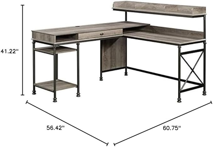 Pemberly Row L-Shape Wood and Metal Computer Desk Northern Oak Finish 60.75 in Wide Built-in USB Ports Cord Management Pencil Drawer Elevated Shelving Industrial Style Home Office Desk