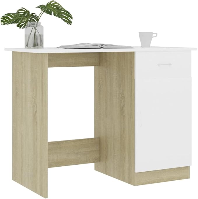 Modern Writing Computer Desk with a Drawer and a Door Home Office Desk Writing Study Table PC Desk Workstation for Bedroom White and Sonoma Oak 39.4x19.7x29.9 Engineered Wood(E)