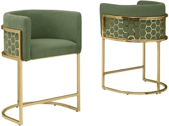 Modern Honeycomb Armchairs with Chrome Base Silver or Gold Frame Options (Teddy Fabric Green/Gold Bar Stool)