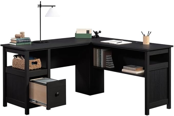 Pemberly Row L-Shaped Engineered Wood Computer Desk Raven Oak Finish 59 in Width File Drawer Cord Management Lower Shelf Finished Sides Home Office Desk for Organization and Storage