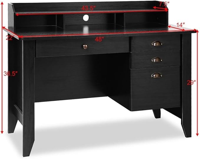 Pemberly Row Computer Desk MDF Wood Construction Black Finish Spacious Tabletop with Elevated Monitor Stand File Drawer and 3 Storage Drawers Modern Workstation for Home Office or Study
