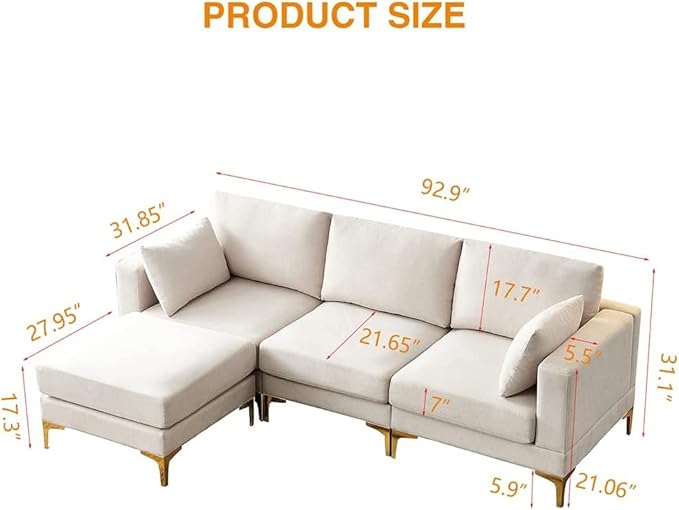 kevinplus 93'' Sectional Sofa Couch for Living Room with Convertible Chaise Ottoman Modern 3-Seat L-Shape Sofa Couch with Golden Metal Legs for Bedroom Home Office Apartment Small Space Beige