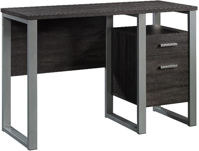 Pemberly Row Contemporary Single Pedestal Desk 45 in Wide Engineered Wood and Metal Construction Blade Walnut and Silver Finish with Storage Drawers and Shelf Home Office Computer Table
