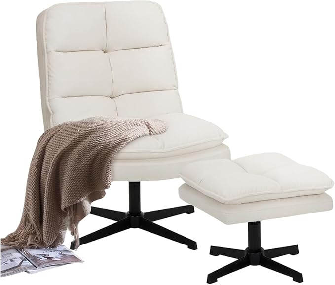 COLAMY Beige Swivel Accent Chair with Ottoman Modern Velvet Lounge Chair with 360° Rotation &amp Criss-Cross Legs Cozy Reading Chair for Bedroom &amp Living Room