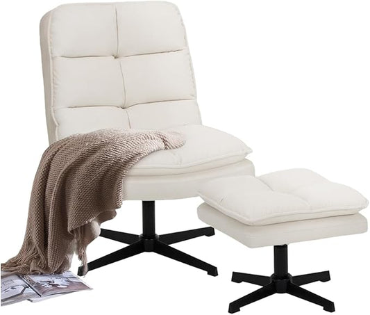 COLAMY Beige Swivel Accent Chair with Ottoman Modern Velvet Lounge Chair with 360° Rotation &amp Criss-Cross Legs Cozy Reading Chair for Bedroom &amp Living Room