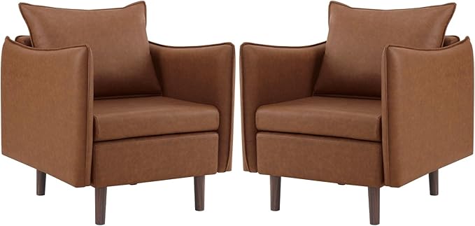 MOJAY PU Leather Accent Chairs Set of 2 Mid-Century Modern Armchair Club Lounge Chair with Removable Pillow &amp Sturdy Legs for Living Room Bedroom Reception Office (Brown)